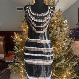 Sequin Striped Black, White, and Gold Dress